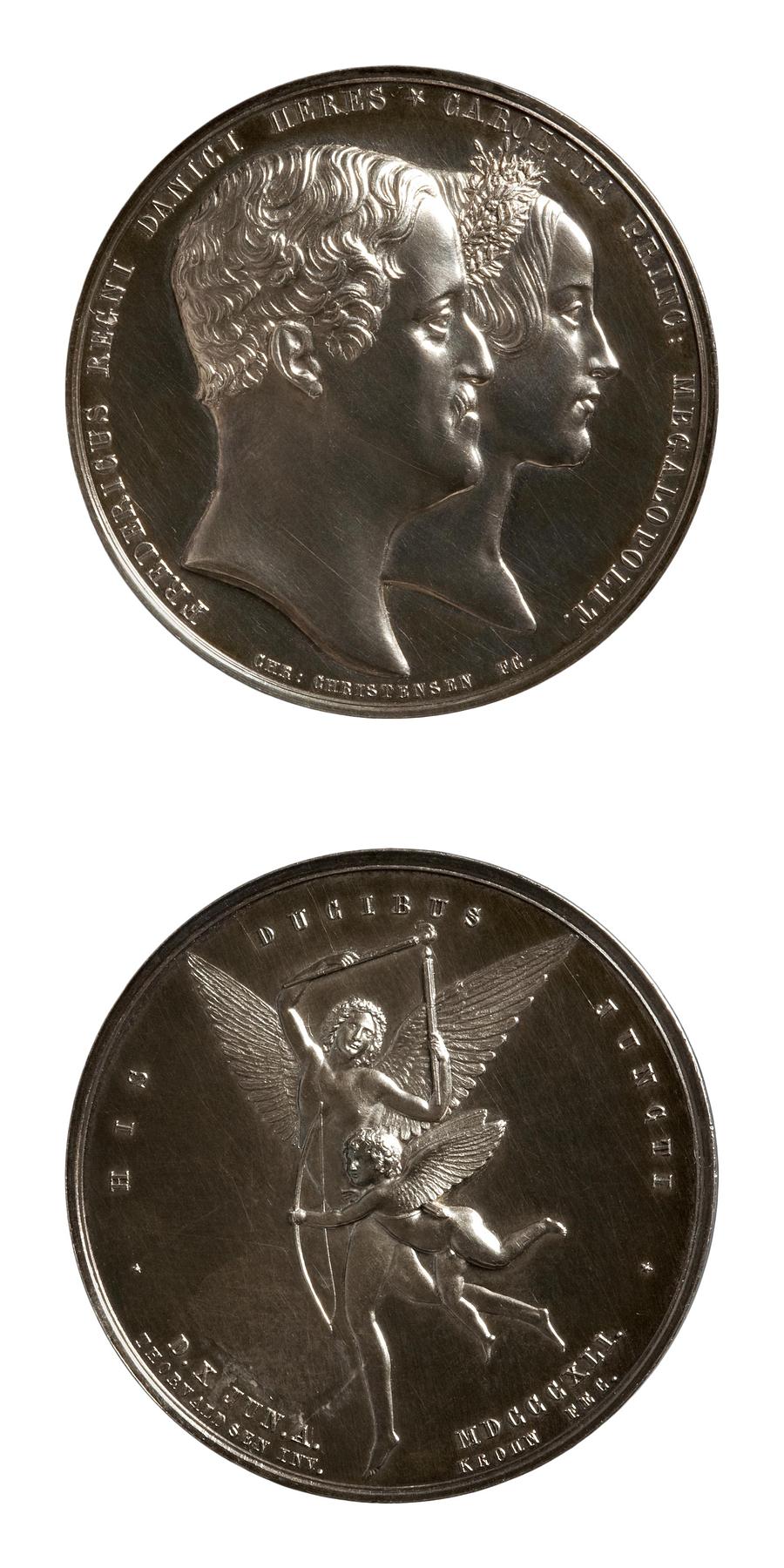 Medal obverse: Prince Frederik (7.) and Princess Mariane Caroline Charlotte. Medal reverse: Cupid and Hymen, F25