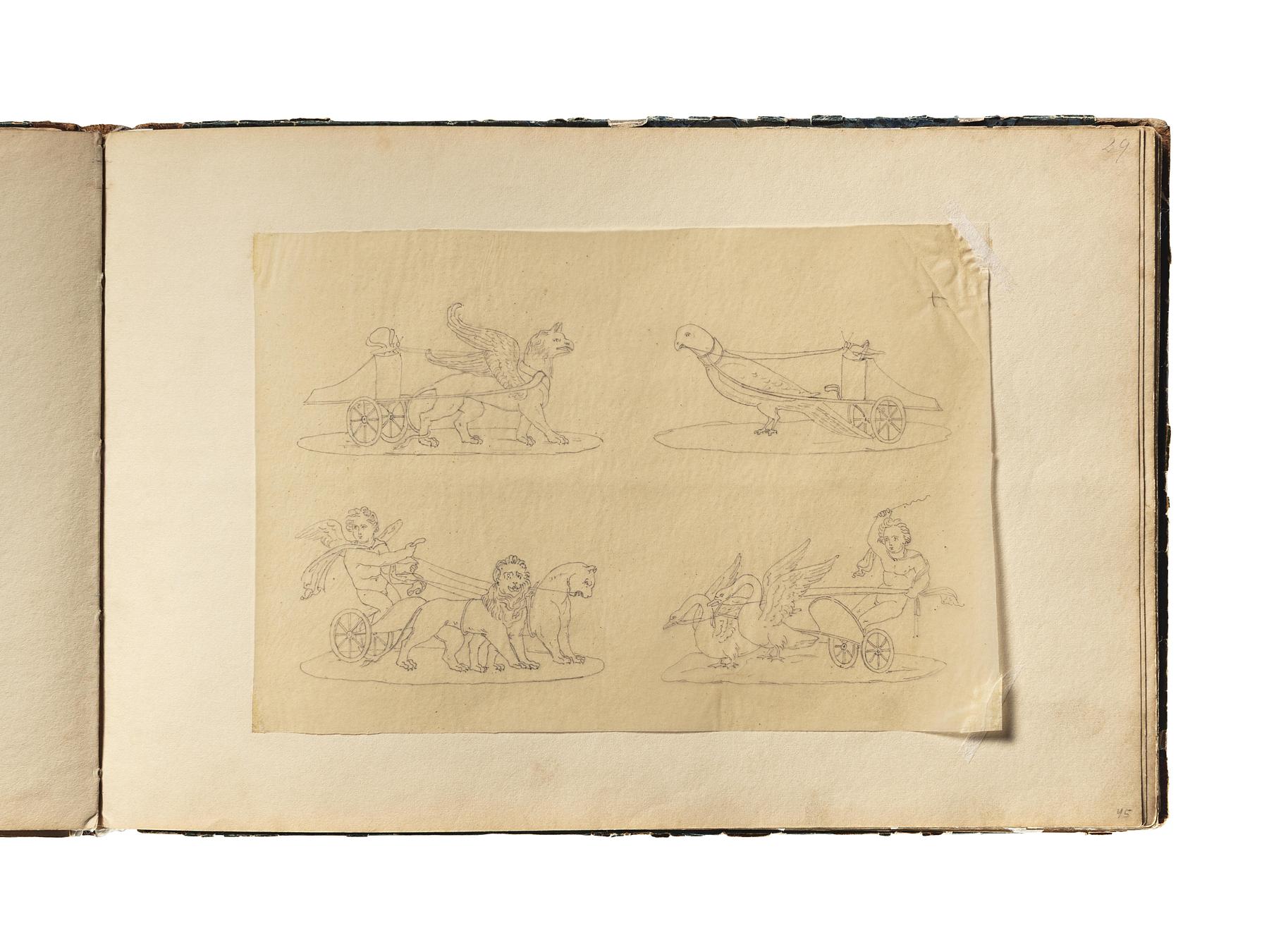 Grif foran en væddeløbsvogn styret af en sommerfugl. Due foran vogn styret af en græshoppe. Amorin på vogn styret af løvepar. Amorin på vogn styret af to svaner, D1827,45