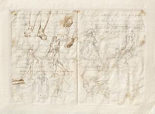 C144v Figurstudier til gravmæle over Johann Philipp Bethmann-Hollweg. Udkast til gravmælets arkitektoniske udformning. Merkur eller siddende model