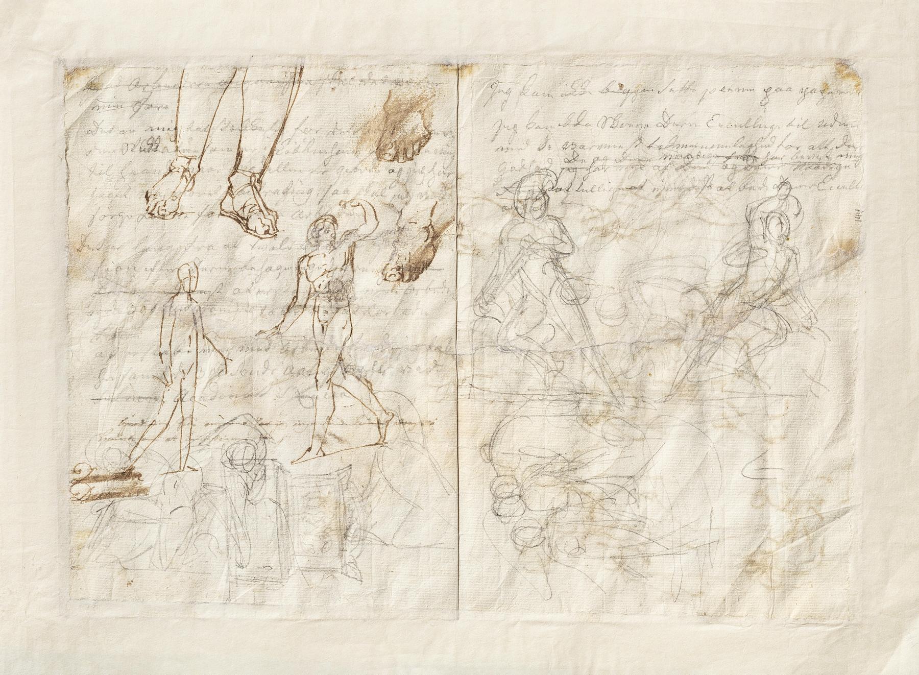 Figurstudier til gravmæle over Johann Philipp Bethmann-Hollweg. Udkast til gravmælets arkitektoniske udformning. Merkur eller siddende model, C144v
