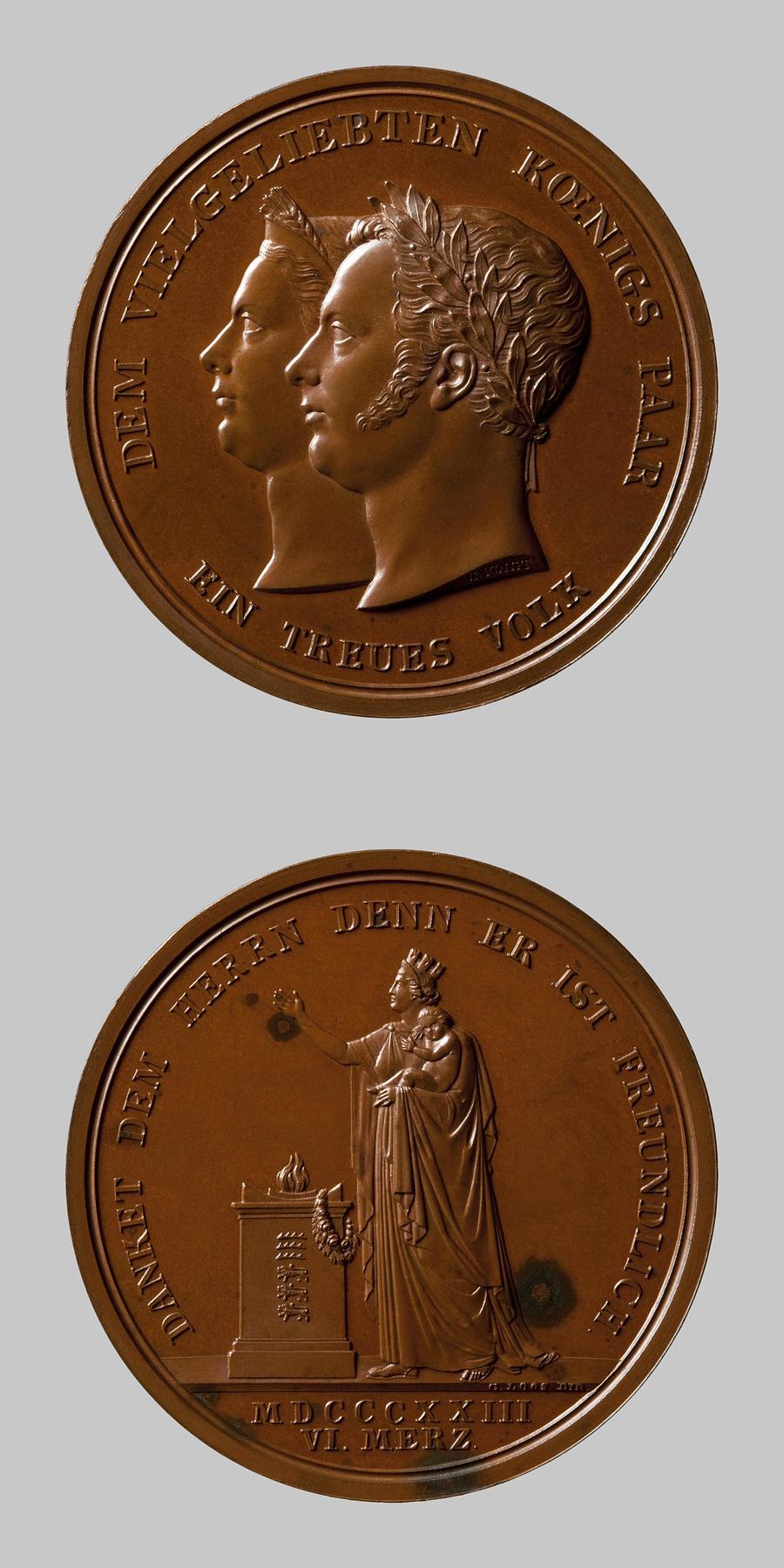 Medal obverse: King Wilhelm I and Queen Pauline of Württemberg. Medal reverse: Württemberg thanks Heaven for the new heir to the throne by the homeland altar, F117