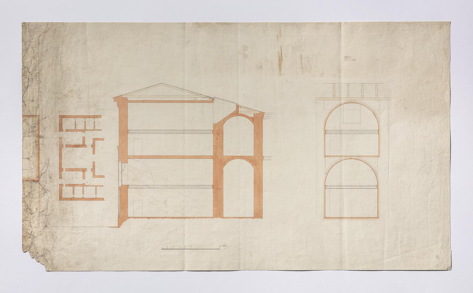 Thorvaldsens Museum, Plan, Longitudional Section and Cross Section through the Rooms no. 21 and 34, D1766r