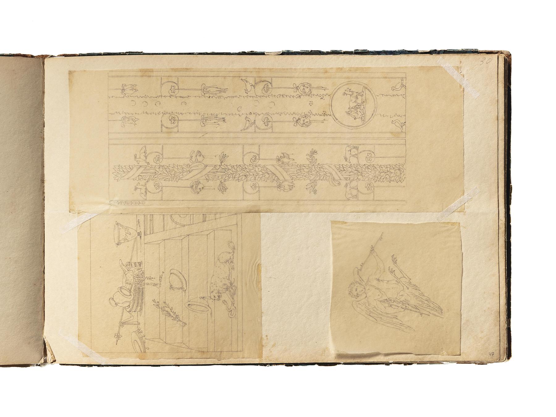 Vægdekoration i Pompejansk stil. Trappe med Nature morte og en panter i kamp med en slange. Flyvende harpyie, D1827,47
