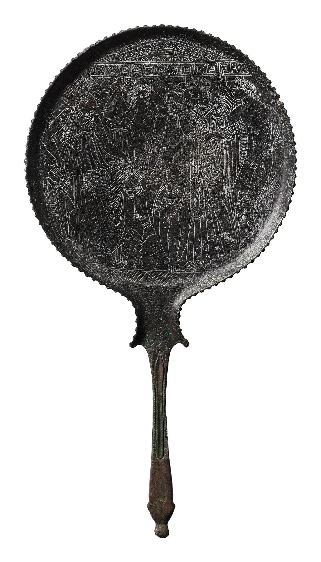 Mirror with Achilles, Thetis, Athena, and Automedon, H2170
