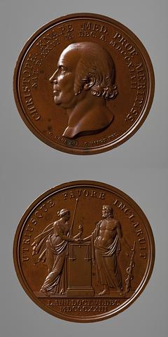 F118 Medaljens forside: Lægen Christopher Knape. Medaljens bagside: Æskulap og Retfærdigheden
