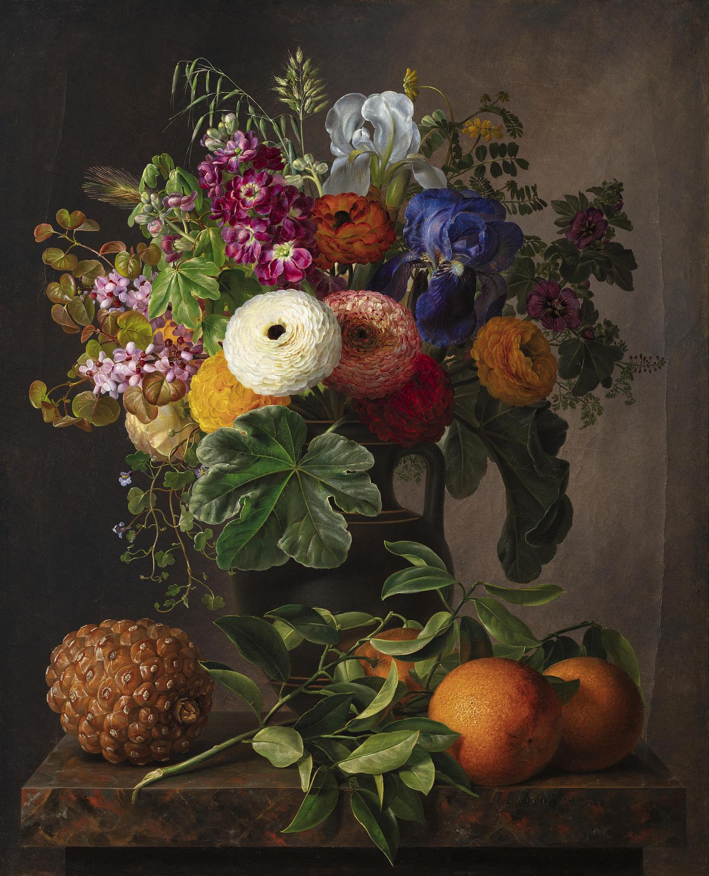 Nature morte med blomster i antik vase på en marmorbordplade, B232