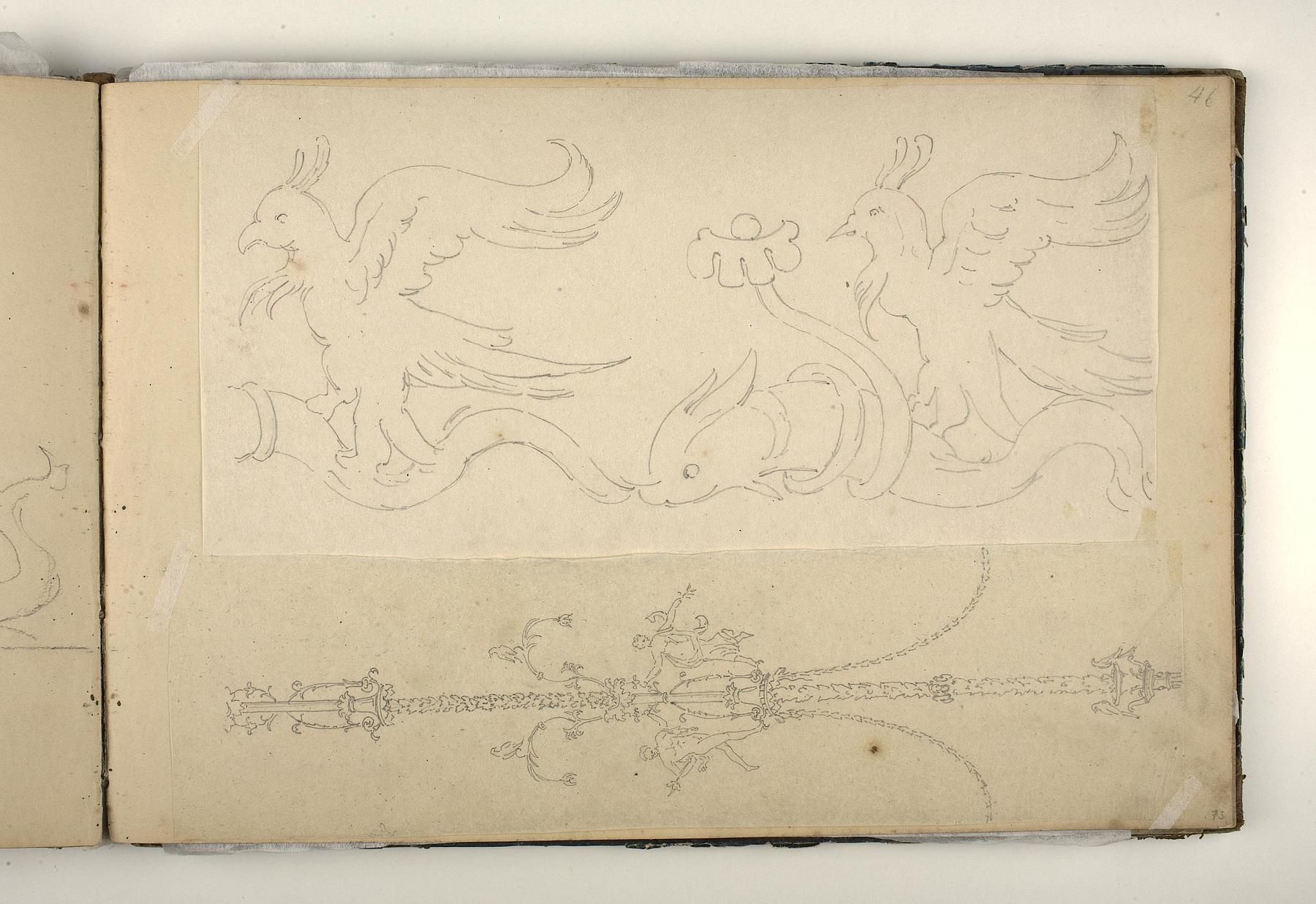 Fugle ridende på ryggen af delfiner. Vægdekoration i pompeijansk stil med to dansende figurer, D1827,73