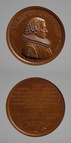 F116 Medal obverse: Reverend Rudolf Gerhard Behrmann. Medal reverse: Cross, palm branch, and the Holy Scripture