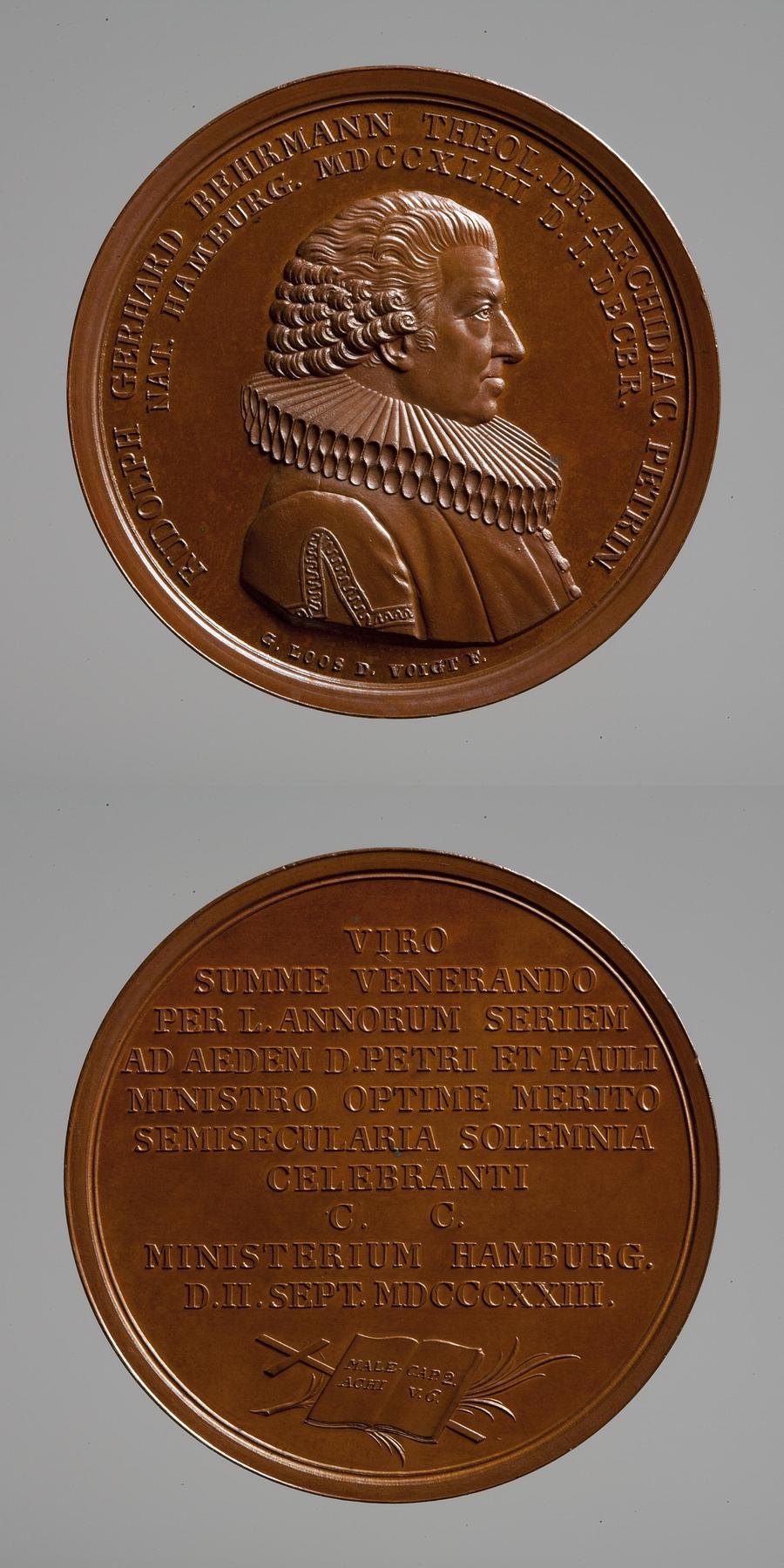 Medal obverse: Reverend Rudolf Gerhard Behrmann. Medal reverse: Cross, palm branch, and the Holy Scripture, F116