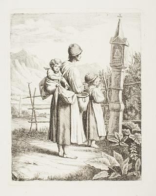E341 Beggar Woman with two Children Standing in front of a Madonna Picture on their Way to Tyrol
