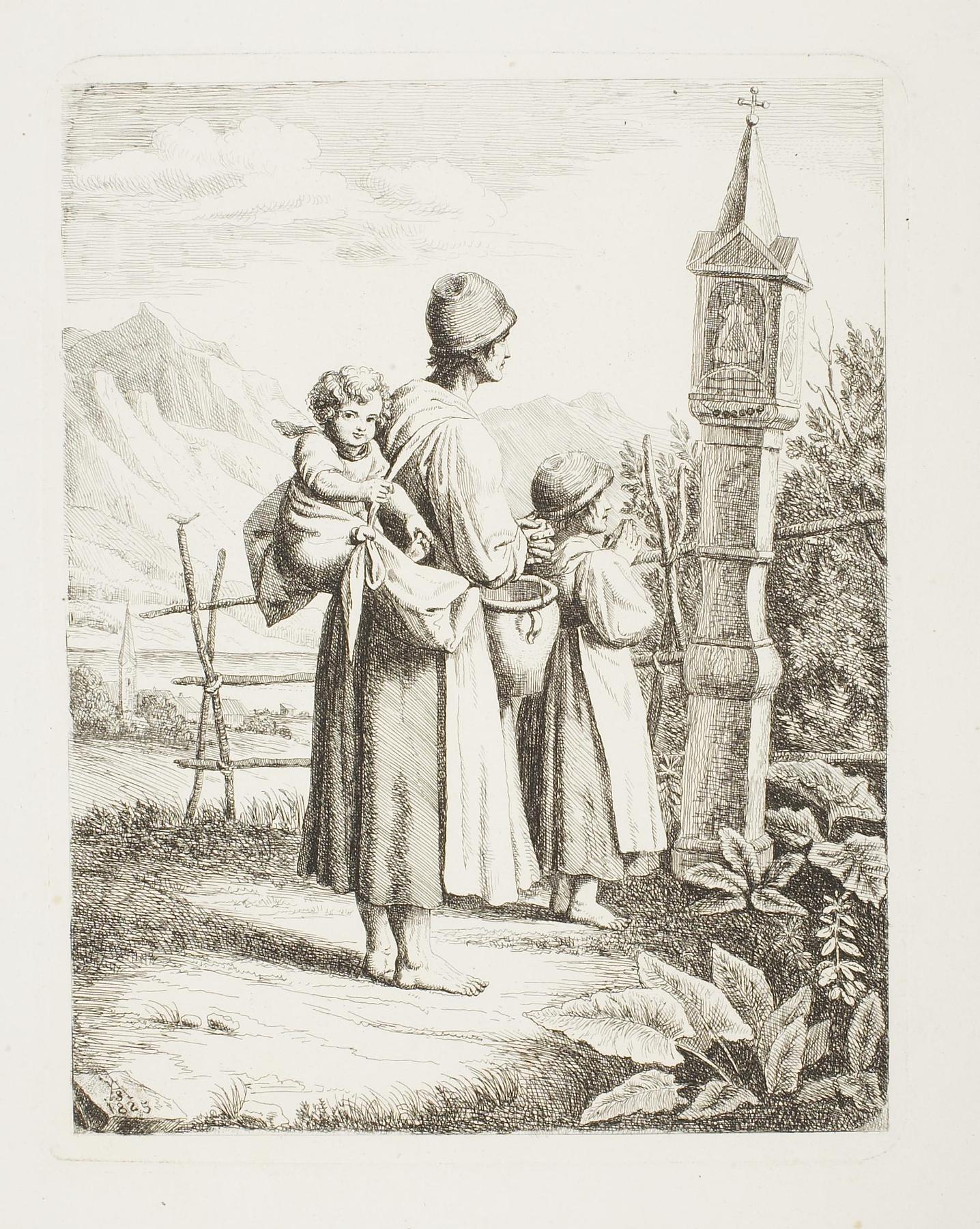 Beggar Woman with two Children Standing in front of a Madonna Picture on their Way to Tyrol, E341