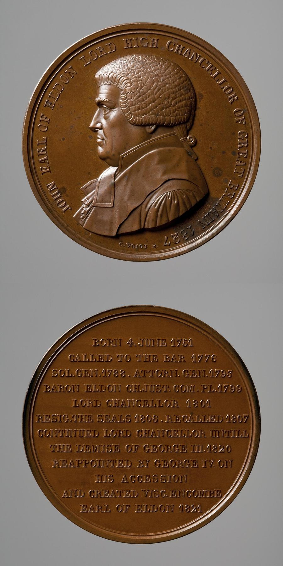 Medaljens forside: John Scott 1. Jarl af Eldon. Medaljens bagside: Indskrift, F122