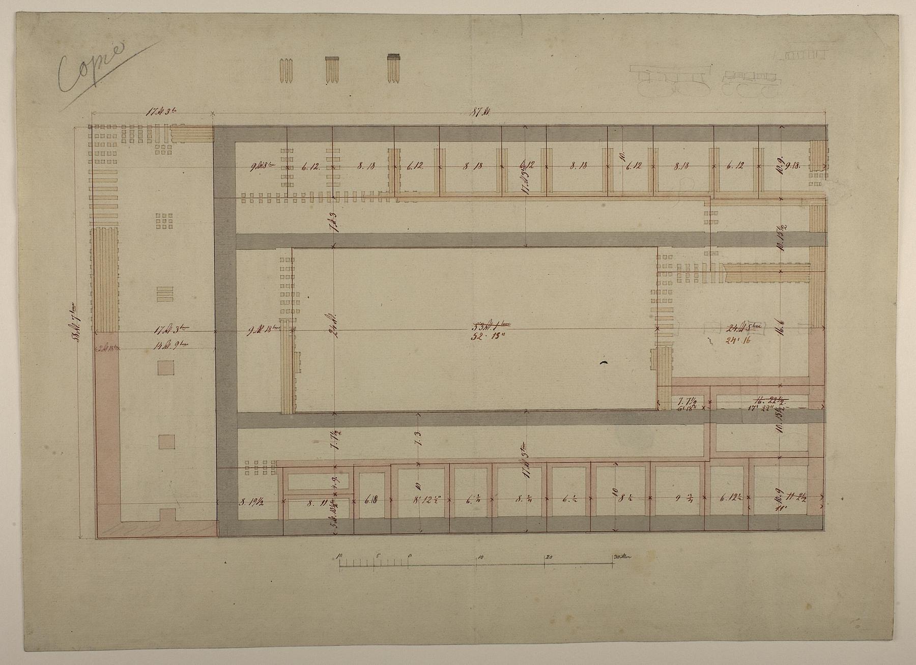 Thorvaldsens Museum, plan af kælder med pilotering og vognremisens fundamenter, D1753