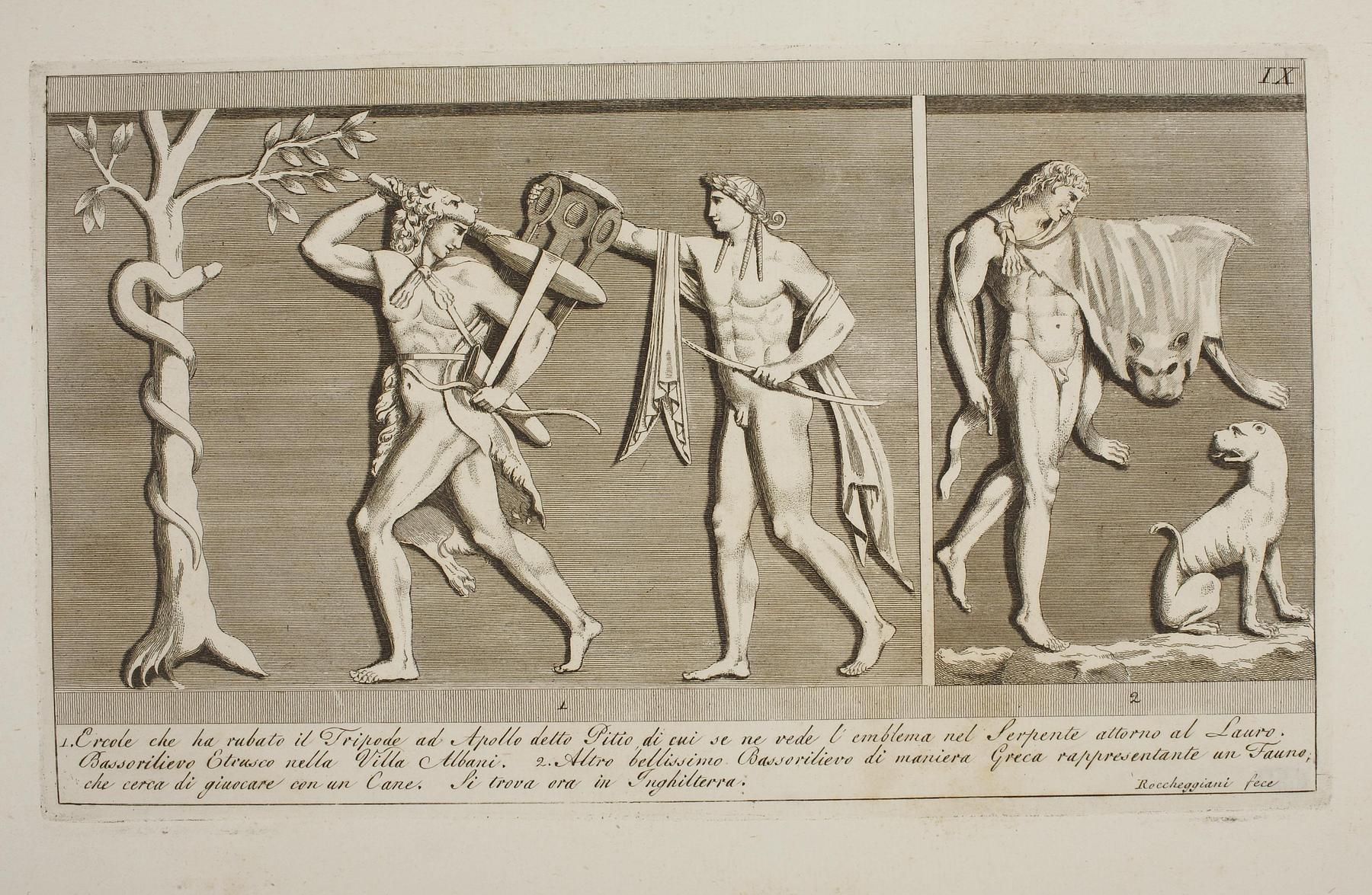 Herkules med Pythias trefod indhentes af Apollon. Faun og hund, E1496