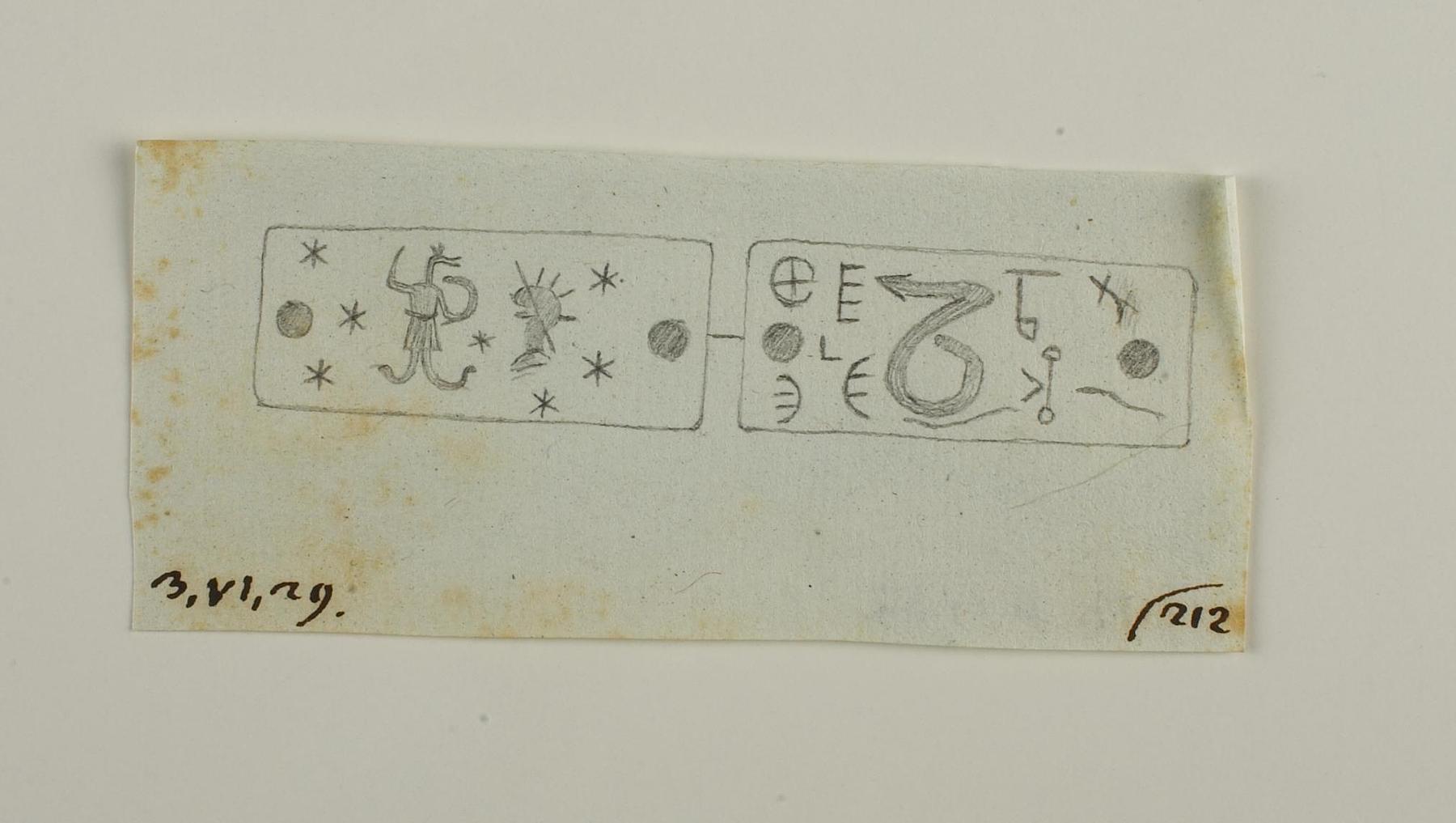 Guddom med slangeformede ben og fuglehovede, Uræus-symbol og stjerner, D1432