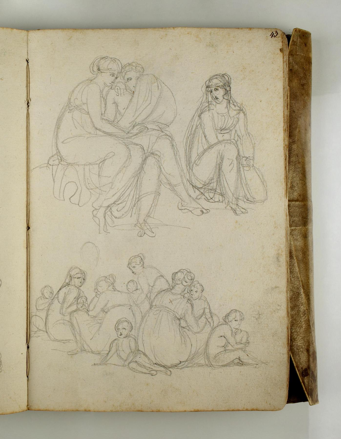 Seated man and woman. Woman praying. Group of women with children, C562,43r