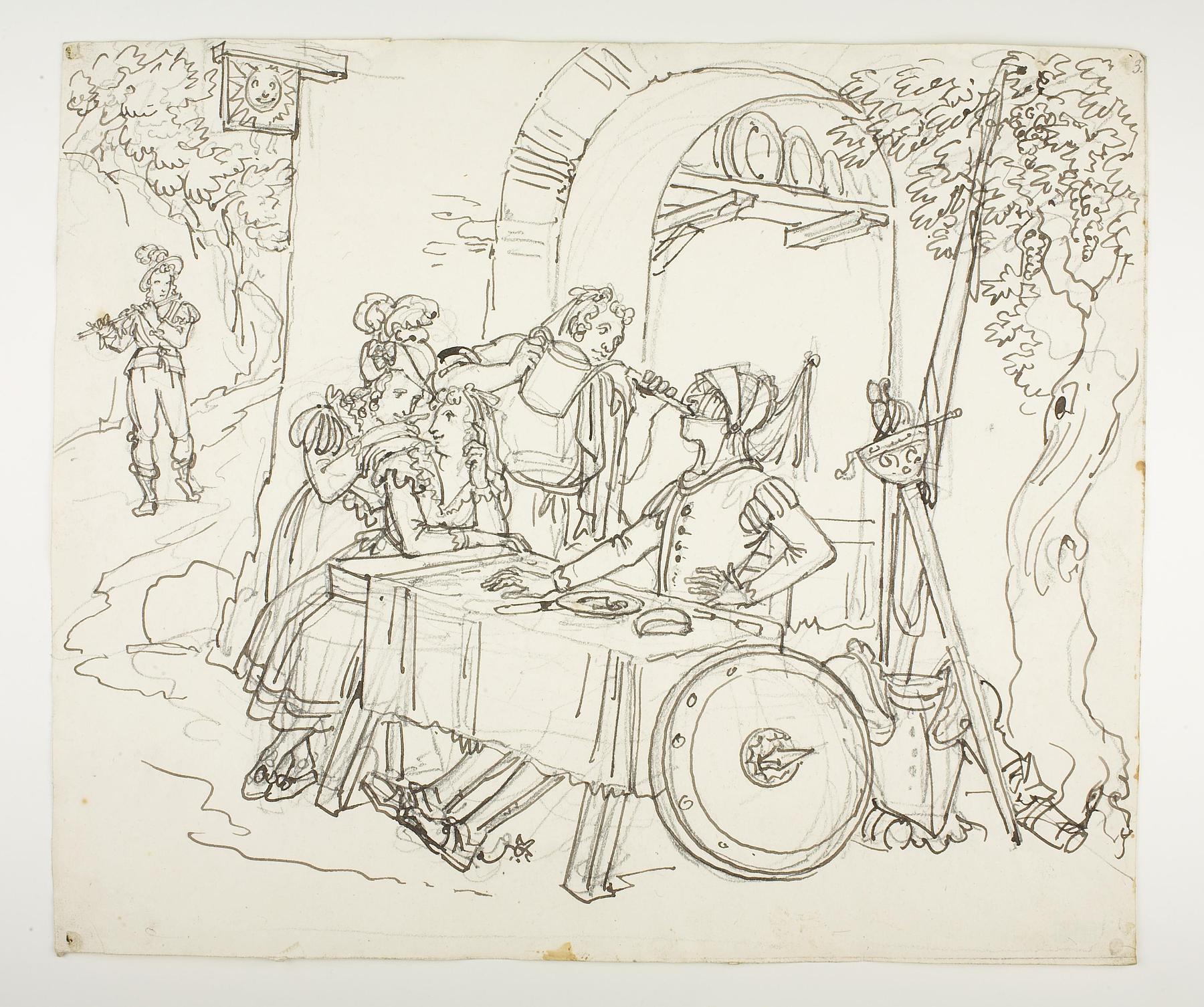 Don Quixote hjælpes af damerne i kroen med at drikke, D564