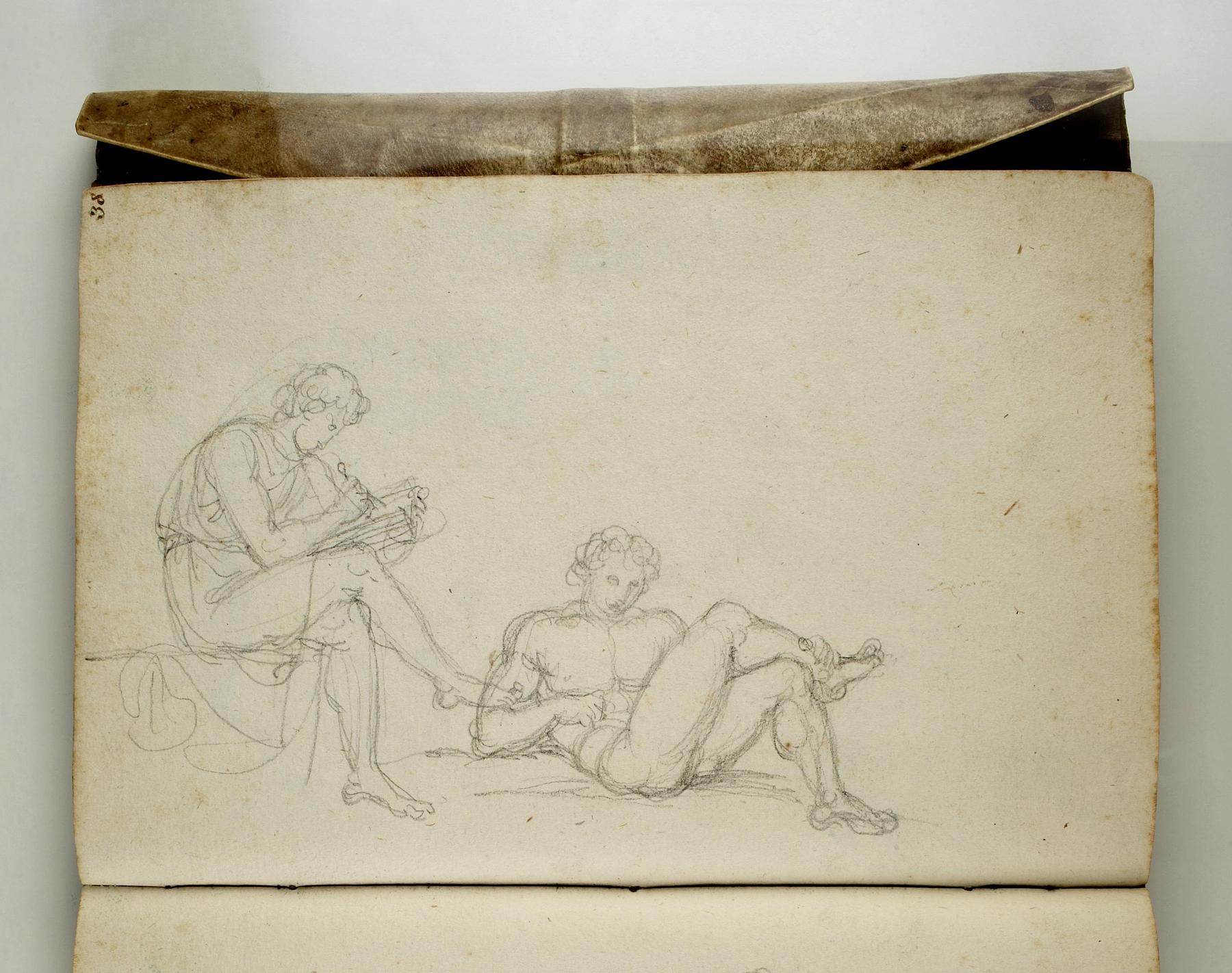 Man in classical costume drawing. Reclining nude male, C562,38r