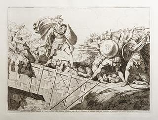 E943,23 Orazio-Coclite difende intrepido il Ponte sublicio dall'Armata Etrusca, fino che li Romani lo abbiano rotto, per impedire il passagio al nemico