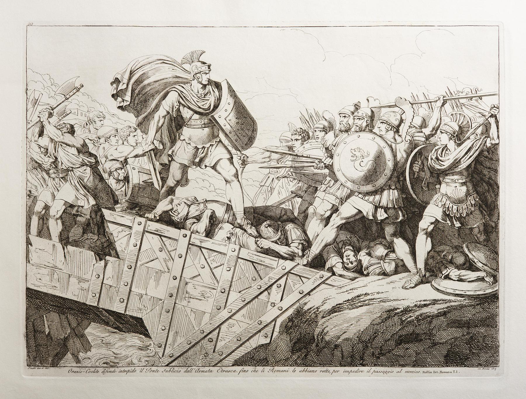 Orazio-Coclite difende intrepido il Ponte sublicio dall'Armata Etrusca, fino che li Romani lo abbiano rotto, per impedire il passagio al nemico, E943,23