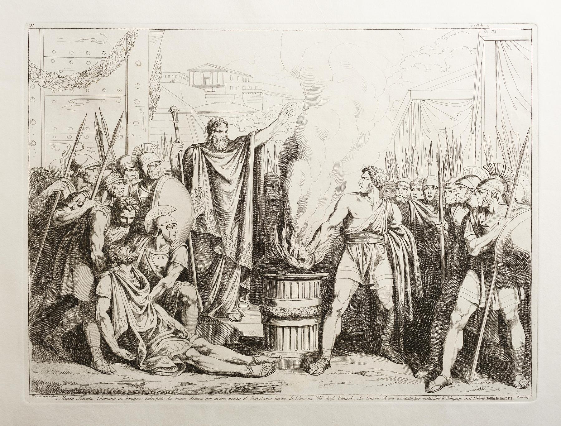 Muzio Scevola Romano si brugia intrepido la mano destra per avere ucciso il Segretario invece di Porsena Rè degli Etrusci, che teneva Roma assedinata, per ristabilire li Tarquinj sul Trono, E943,24