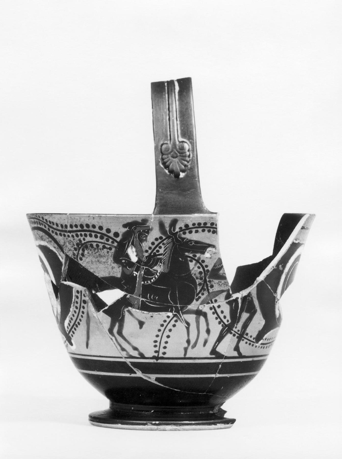 Kyathos with dancing sileni, eyes, and Dionysos riding a mule, H519