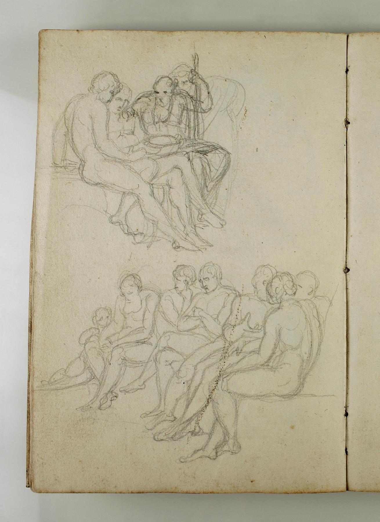 Group of three seated men. Men seated in a line, C562,43v