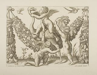 E1789 Tre putti leger med en struds