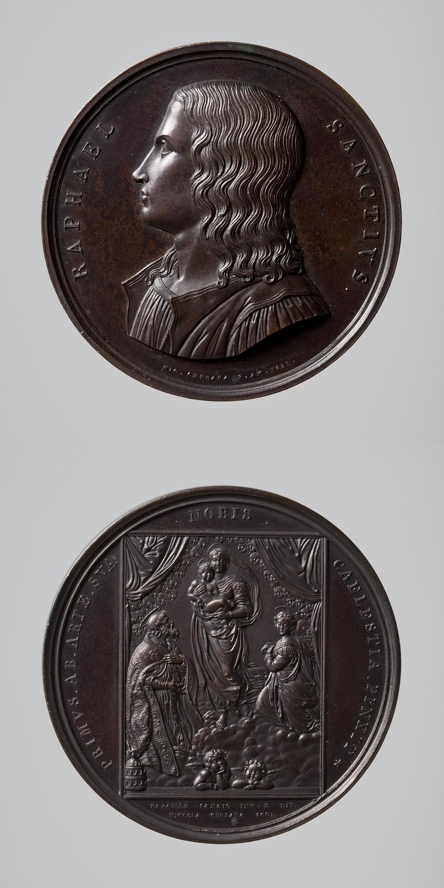 Medaljens forside: Rafael. Medaljens bagside: Den Sixtinske Madonna, F48