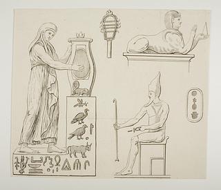 E2266 Kvindefigur. Sfinx. Siddende mandlig figur. Hieroglyffer