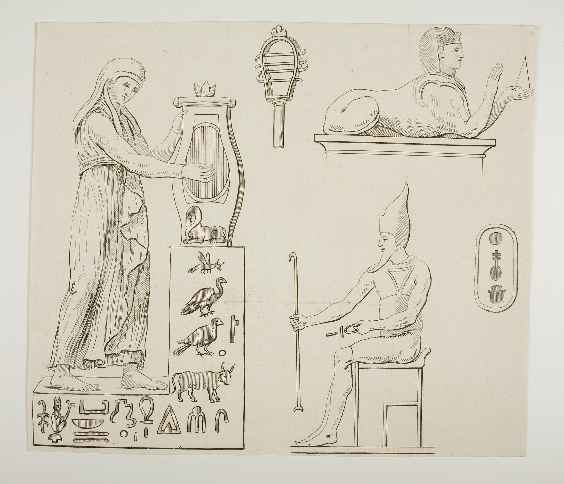 Kvindefigur. Sfinx. Siddende mandlig figur. Hieroglyffer, E2266