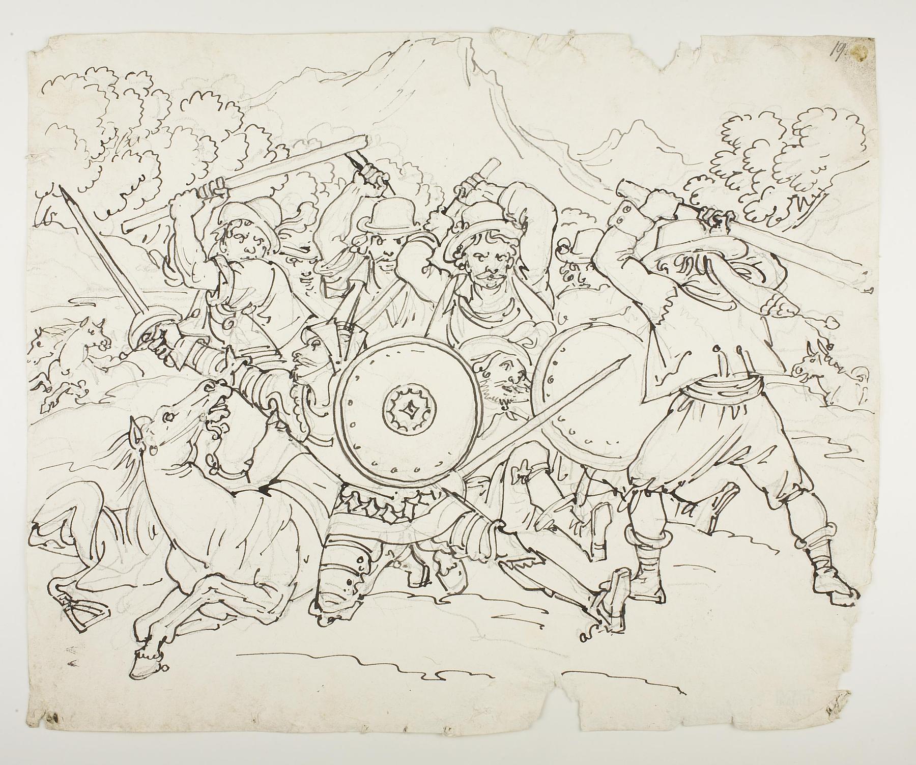 Don Quixote og Sancho Panza kæmper med vognmændene, D577