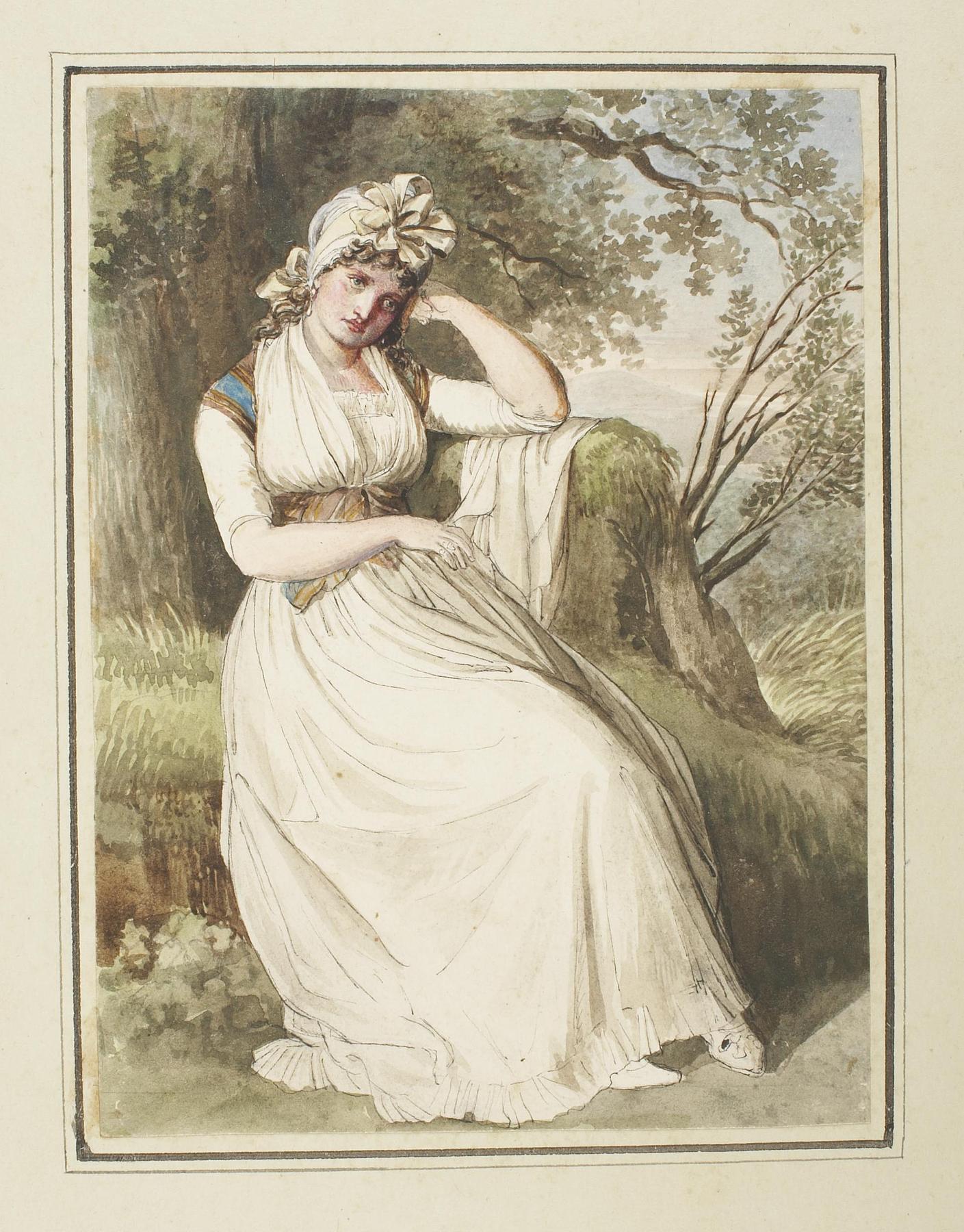 Kvinde siddende på en græsbænk, D1037