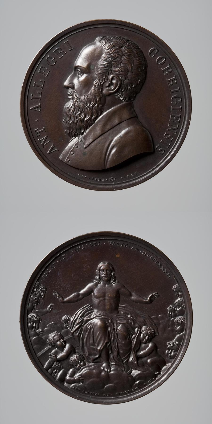 Medaljens forside: Correggio. Medaljens bagside: Kristus siddende på regnbuen på Dommedag, F51