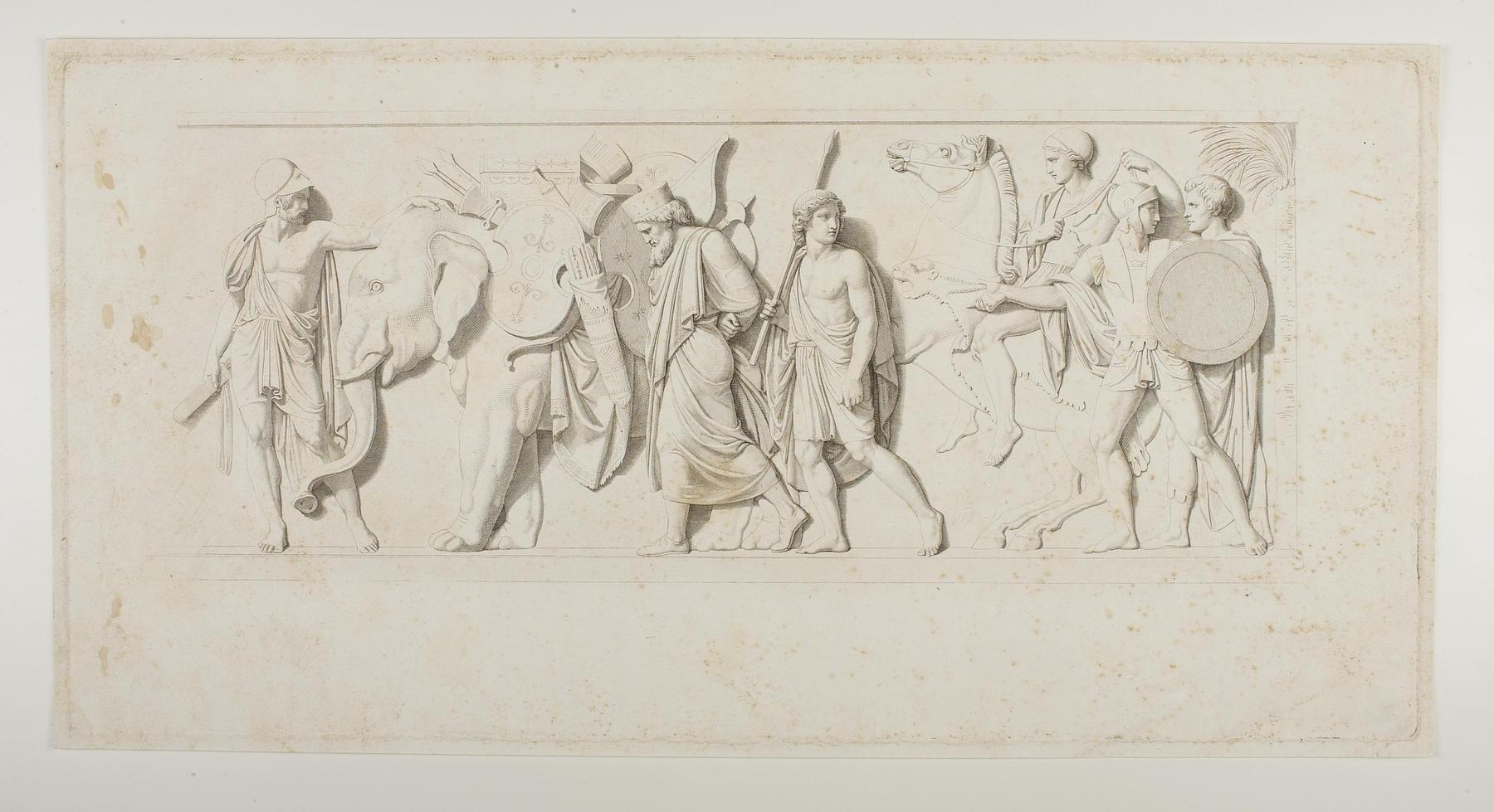 Ung græsk kriger viser Thorvaldsen elefanten som passererer med persiske våben og det kosteligste skrin, E34e