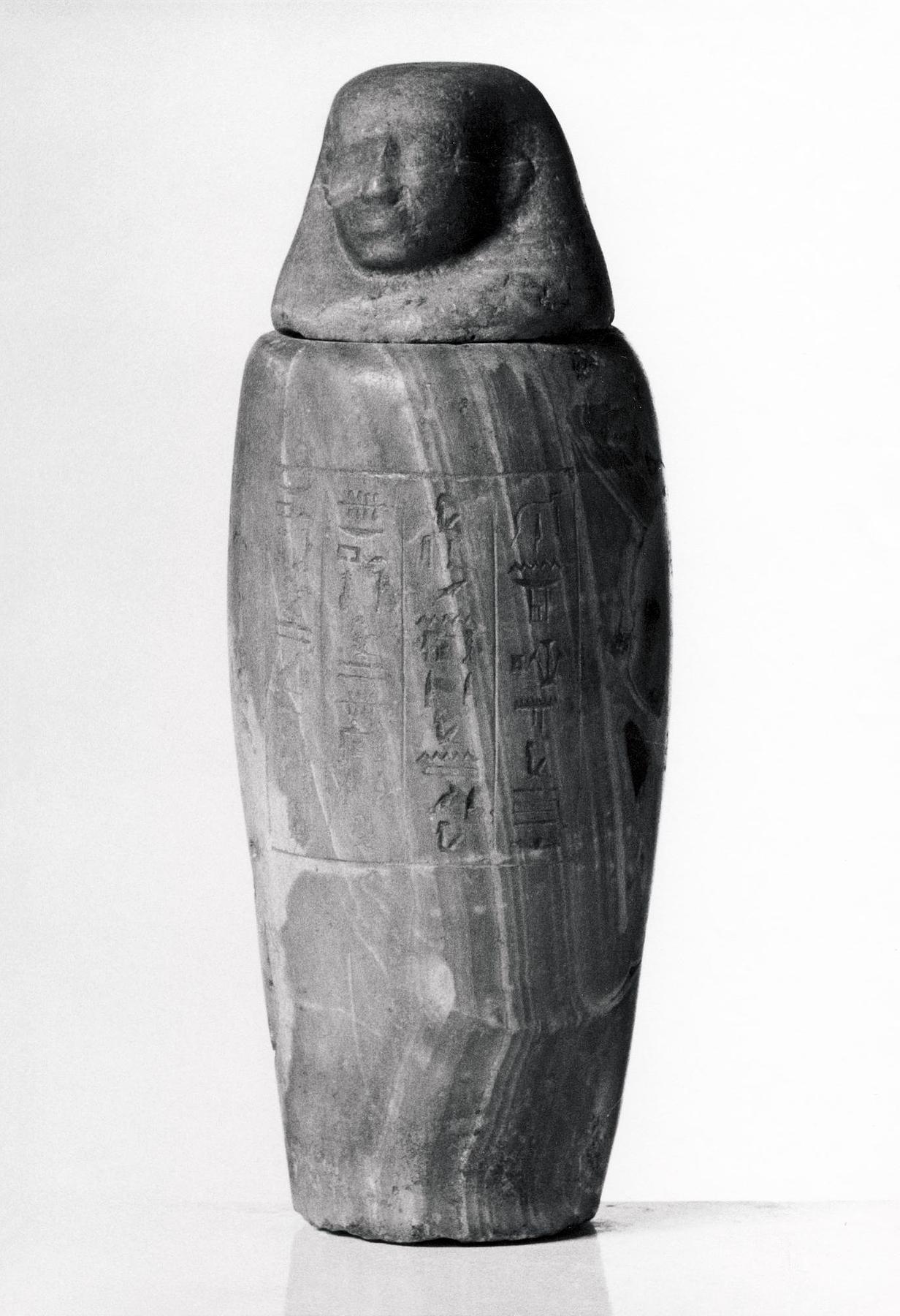 Kanopekrukke med menneskehovedlåg og hieroglyf-indskrift, H389