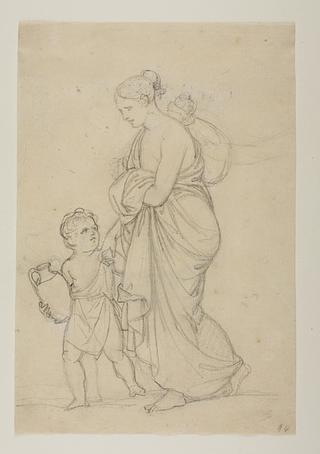 C96r Woman walking with a child who is carrying a jug of water (Hagar and Ishmael?)