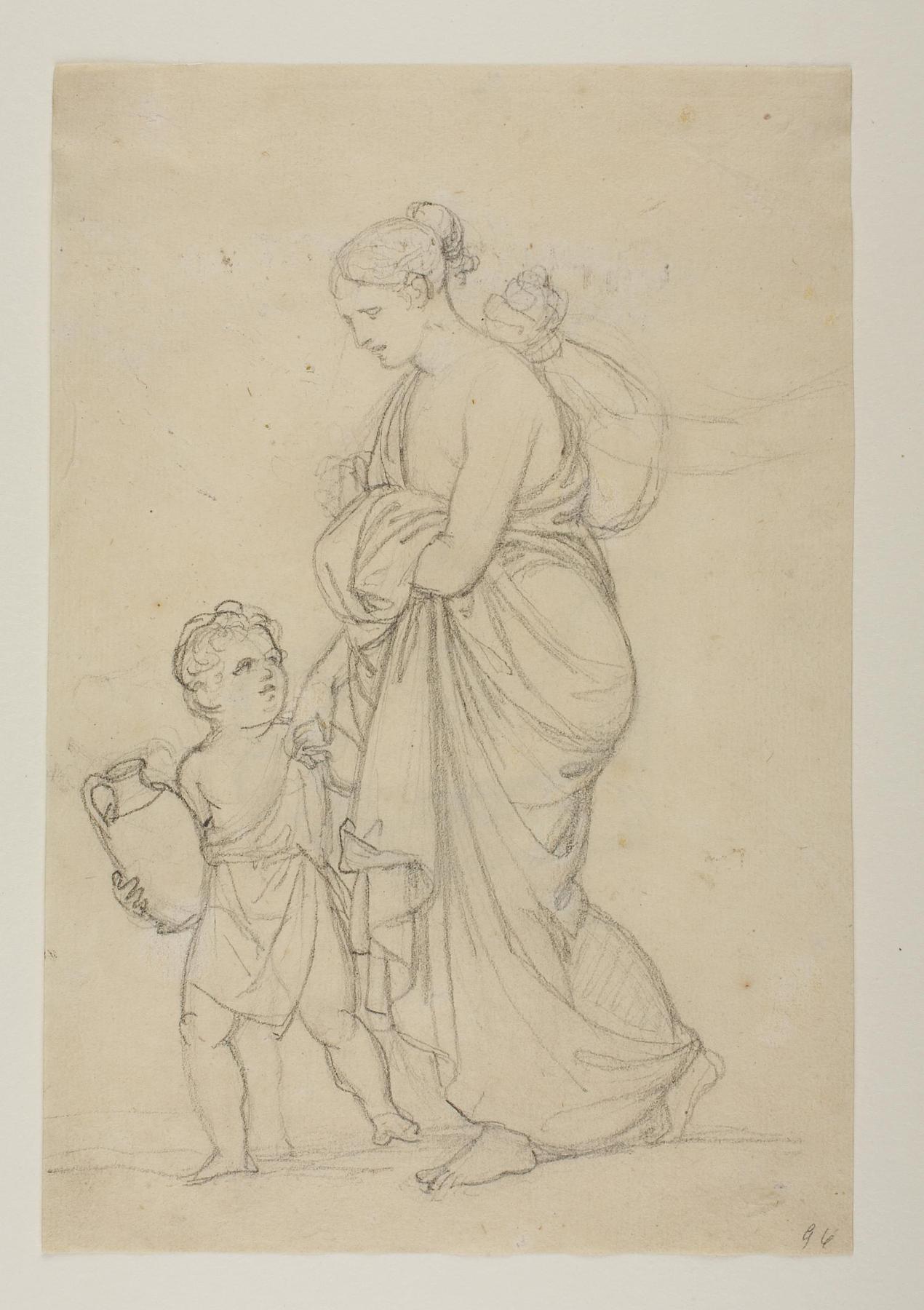 Woman walking with a child who is carrying a jug of water (Hagar and Ishmael?), C96r