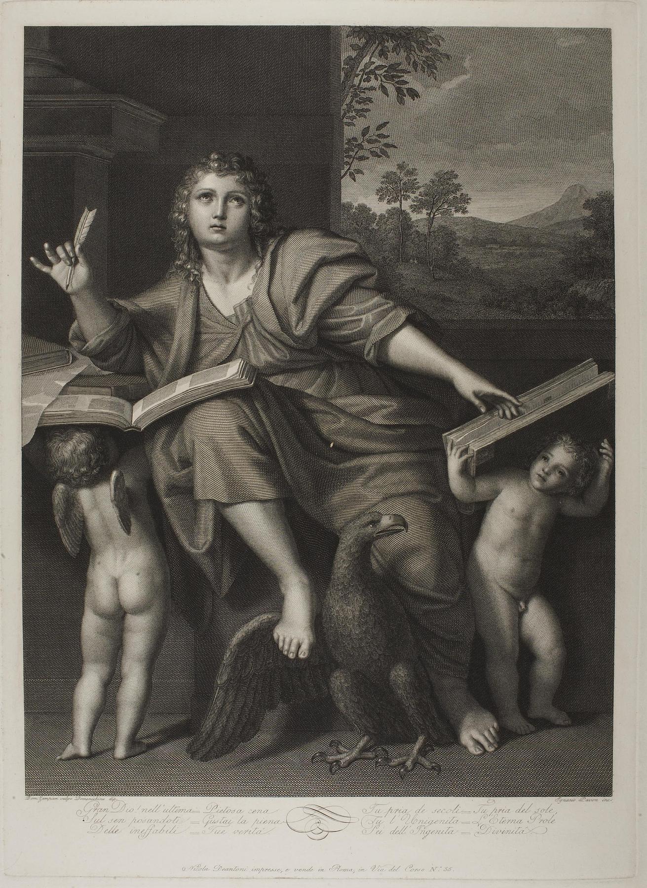 Evangelisten Johannes siddende i mellem to engle, E914