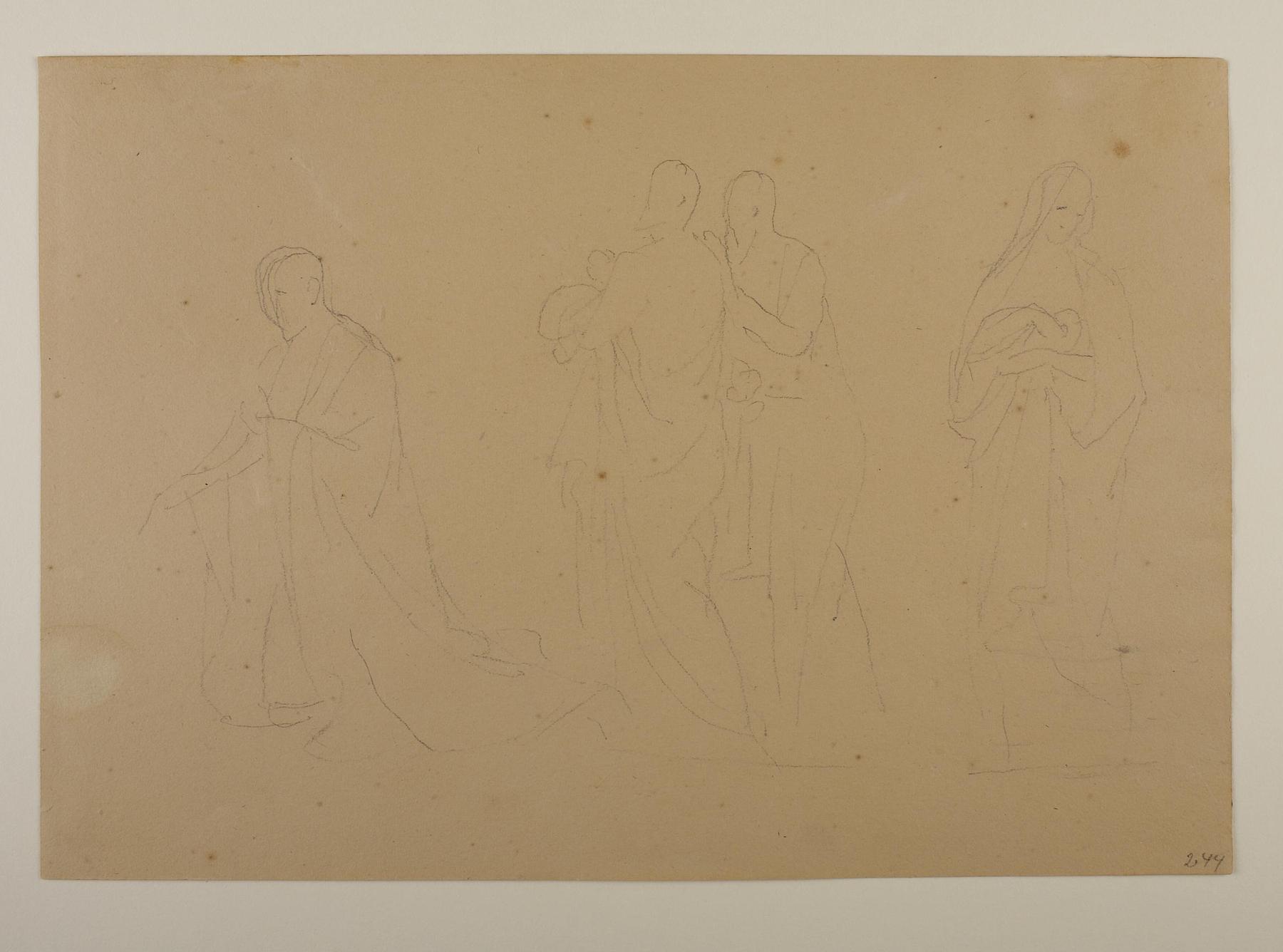 Male figures in coats and mantles. A female figure with a mantle over her Head, C244r