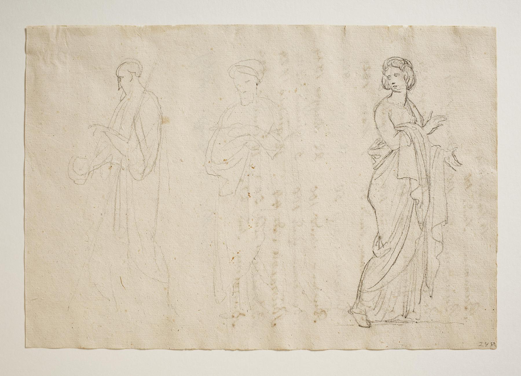Male figure with a stick, Male figure with a turban, Young male or female figure, C245r