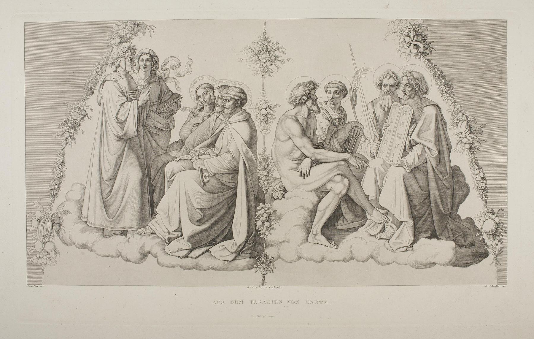 Dante og Beatrice i Paradis stående foran Peter, Jakob og Johannes samt Adam, Sankt Stefan, Paulus og Moses, E1052