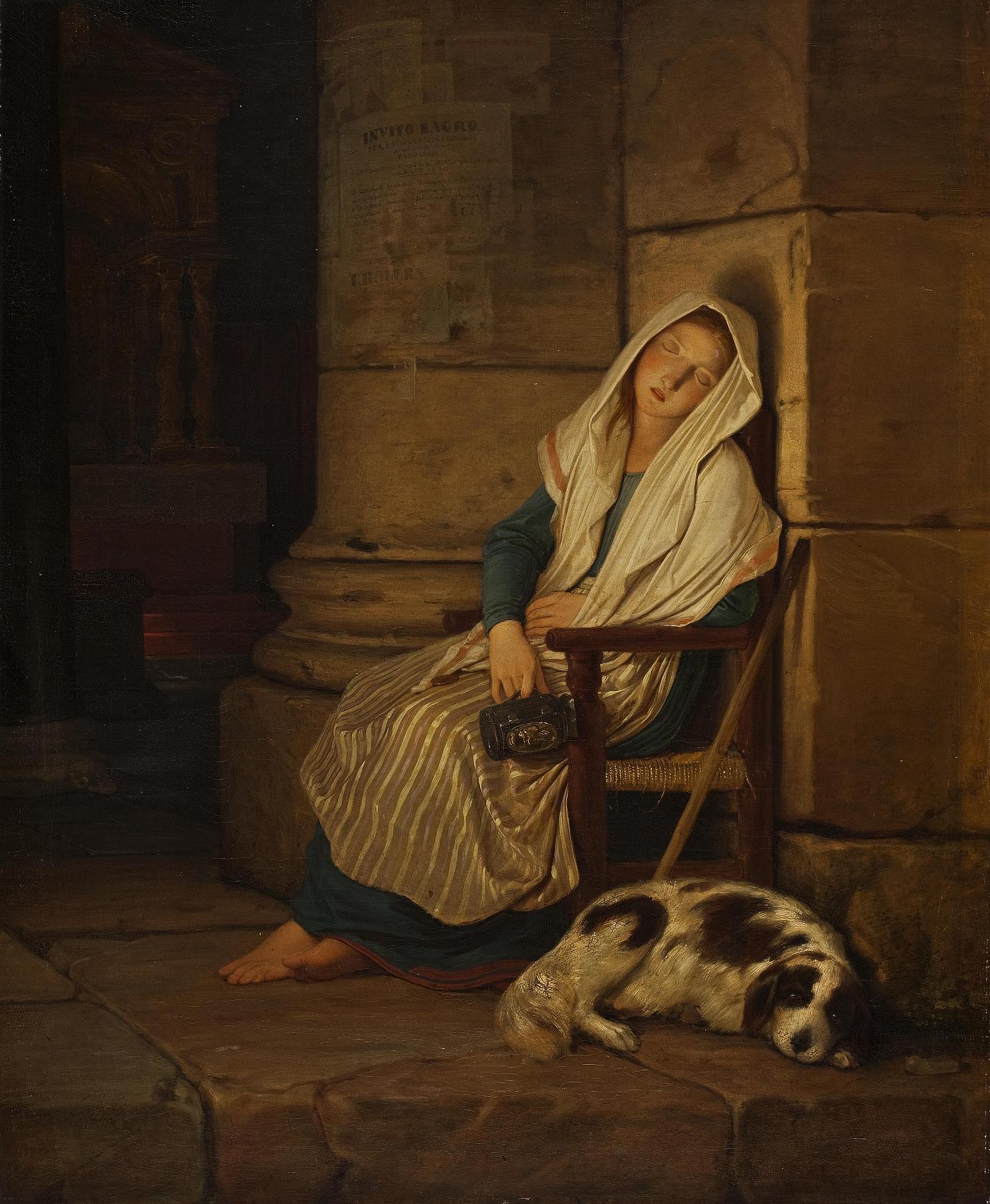 En sovende tiggerpige ved indgangen til en romersk kirke, B116