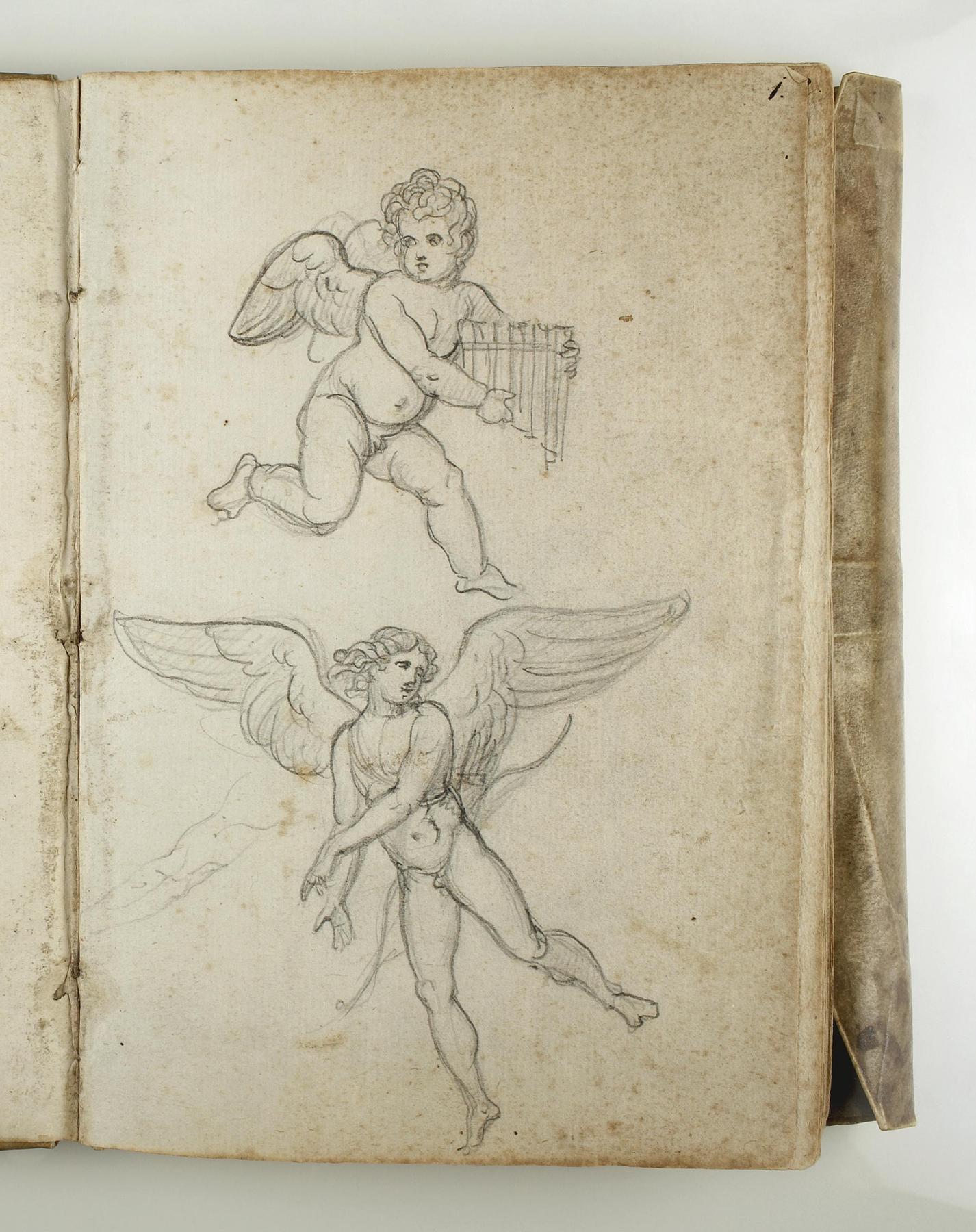 Flying Genius with a Syrinx. Flying Cupid with Bow and Cog, C562,1r
