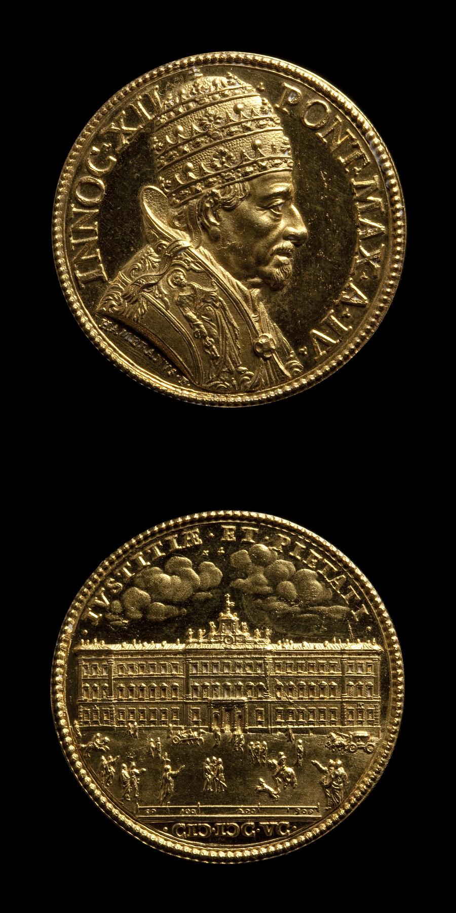 Medaljens forside: Innocent 12. Medaljens bagside: Palazzo del Monte Citorio, F27