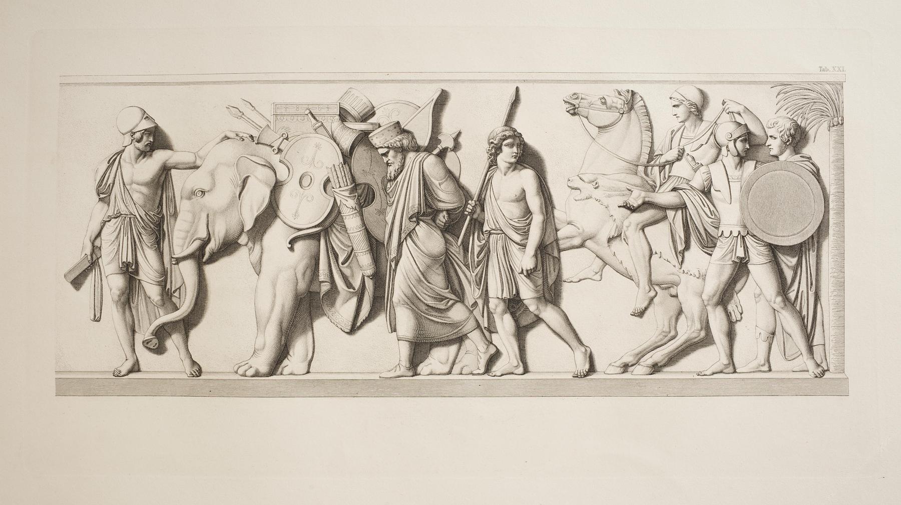 Ung græsk kriger viser Thorvaldsen elefanten som passerer med persiske våben og det kosteligste skrin, E35,21