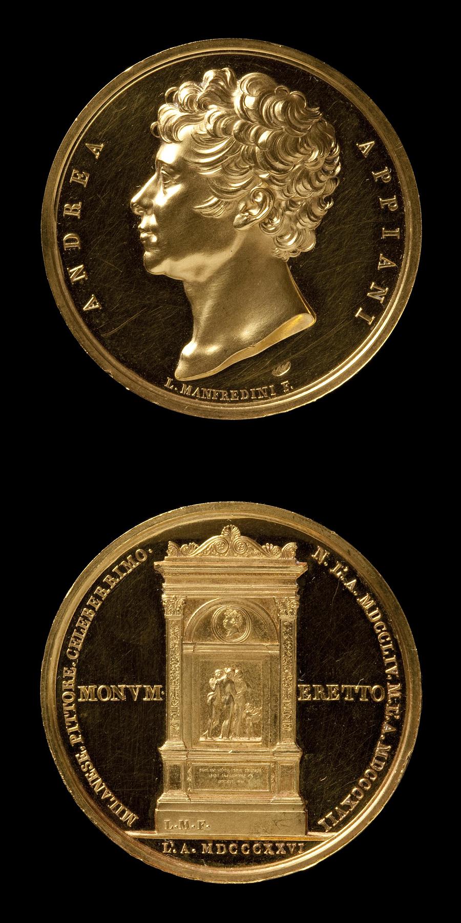 Medaljens forside: Andrea Appiani. Medaljens bagside: Monument over Andrea Appiani, F15
