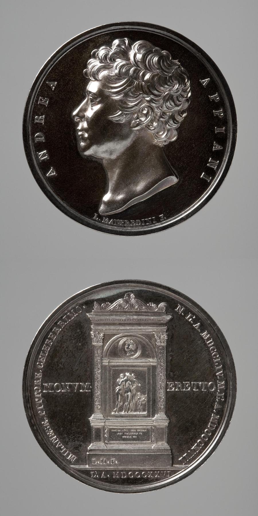 Medaljens forside: Andrea Appiani. Medaljens bagside: Monument over Andrea Appiani, F16