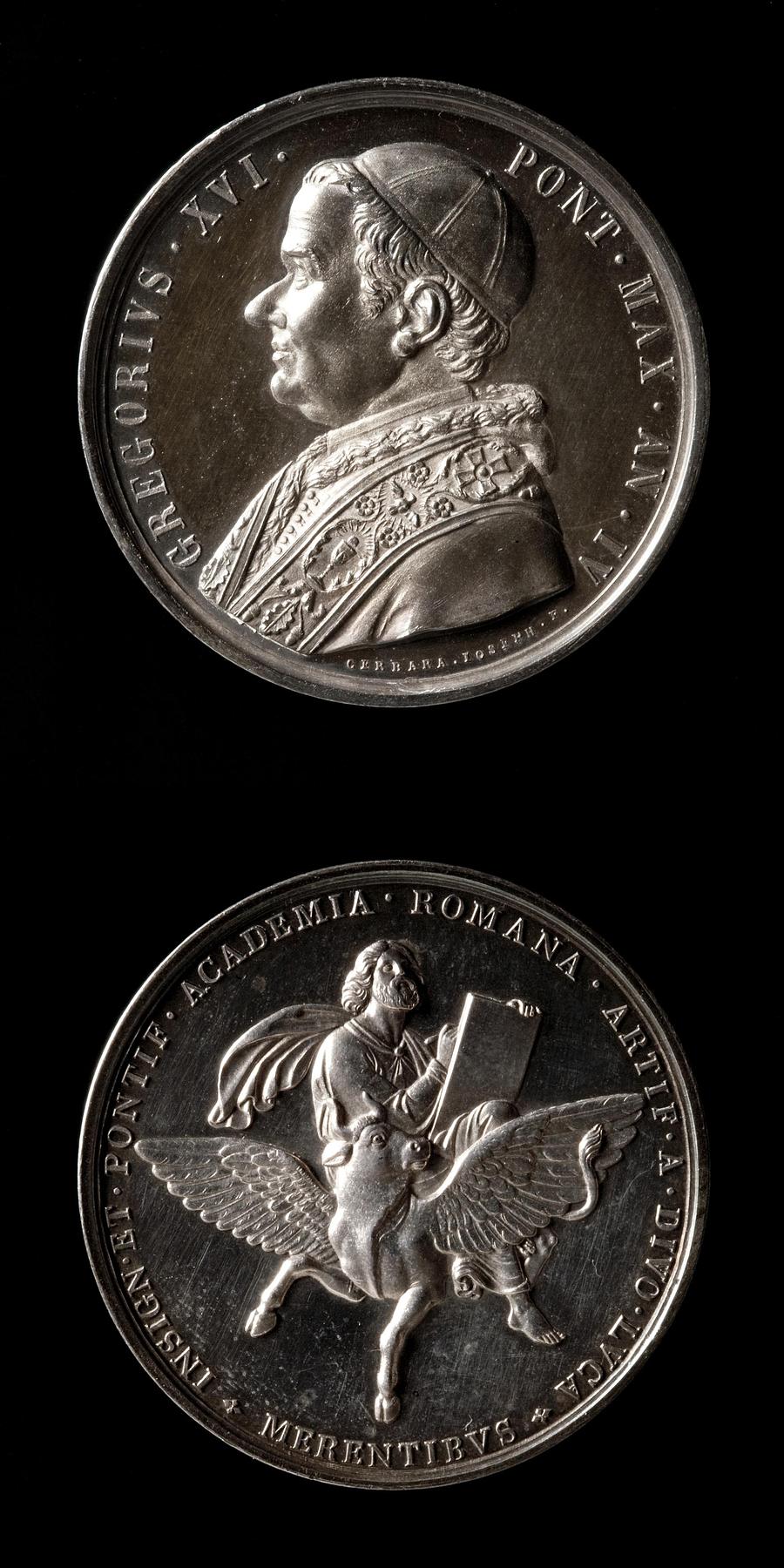 Medaljens forside: Pave Gregor 16. Medaljens bagside: Evangelisten Lukas, F19