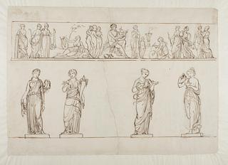 C42r Apollon. Gratierne og Muserne. Statuer af Flora, Pommona, Hygieia og Hebe